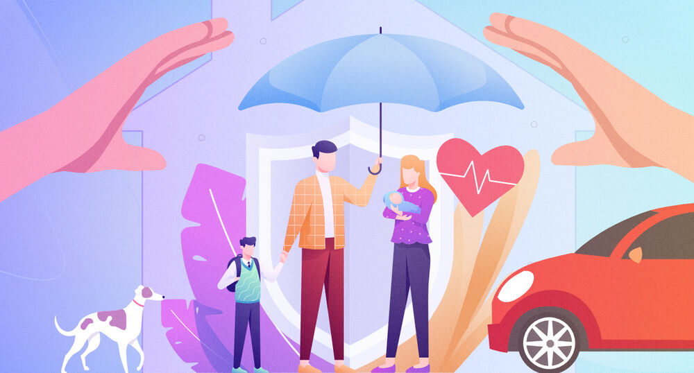 A pair of giant hands and an umbrella protecting a family, their car, and a pet to illustrate the role of insurance in looking after them.