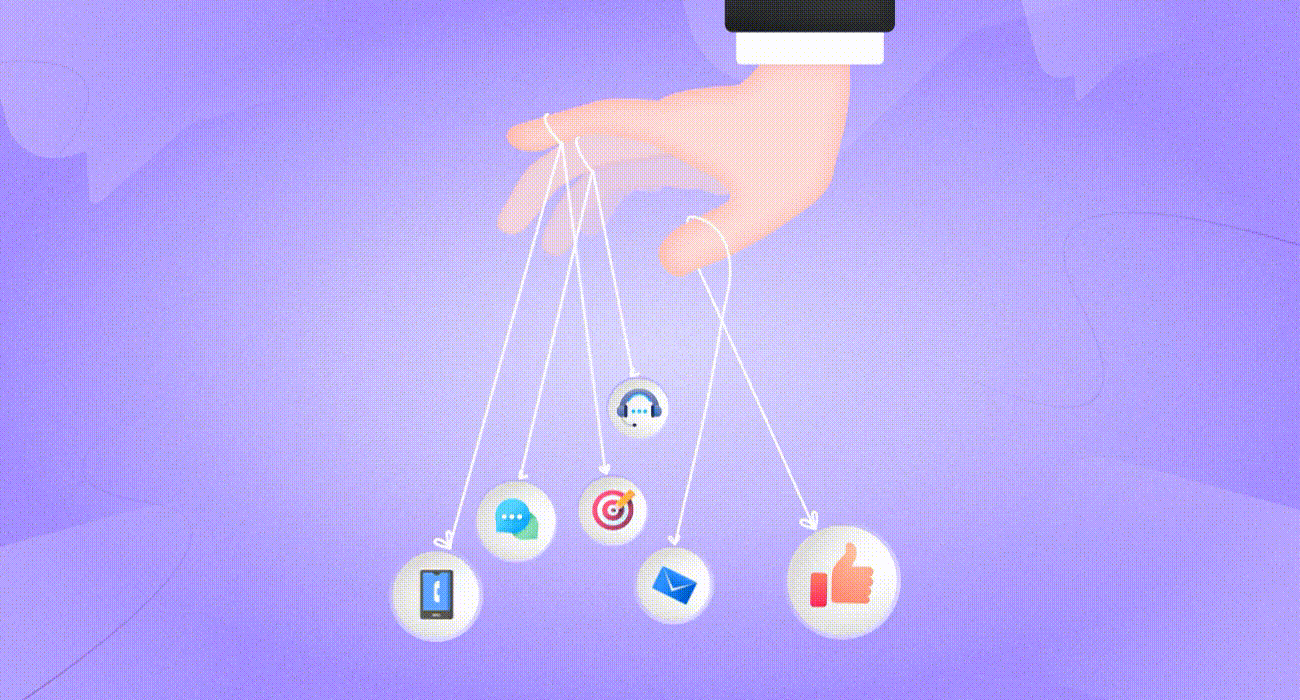 A hand with puppet strings attached that run from the fingers to icons depicting different facets of customer experience to represent customer experience management.