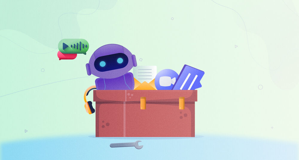 A red toolbox full of customer engagement tools, including a chatbot poking out of the top.