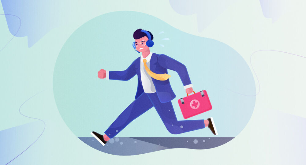 A man in a suit and headset running with a first aid kit to represent a customer service rep rushing to fix a mistake.