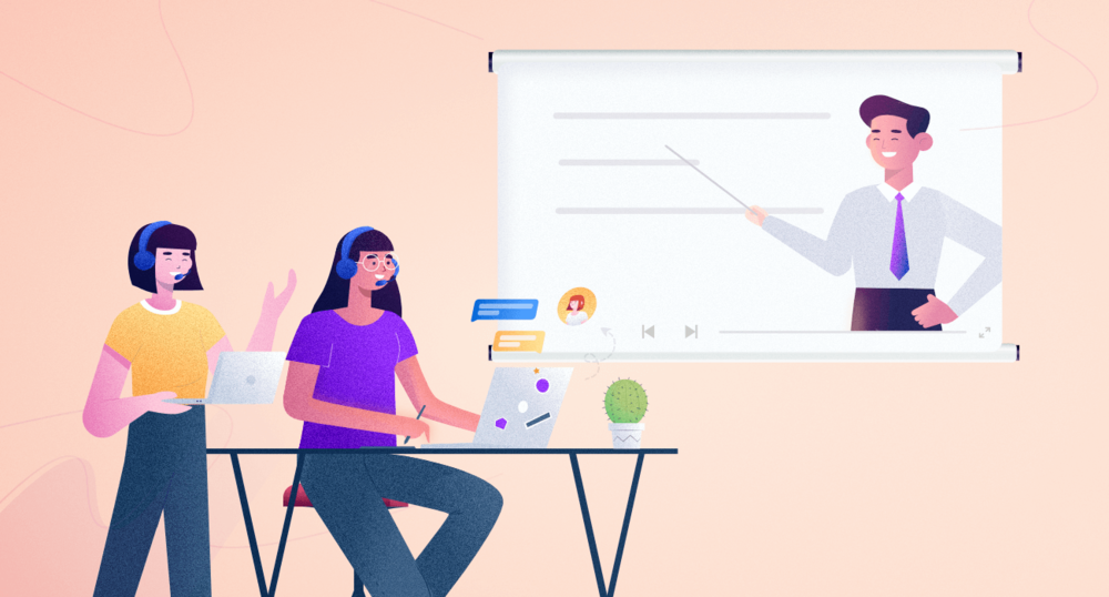 Two people in a room watching a screen with a man giving training to illustrate how employee training can work remotely.