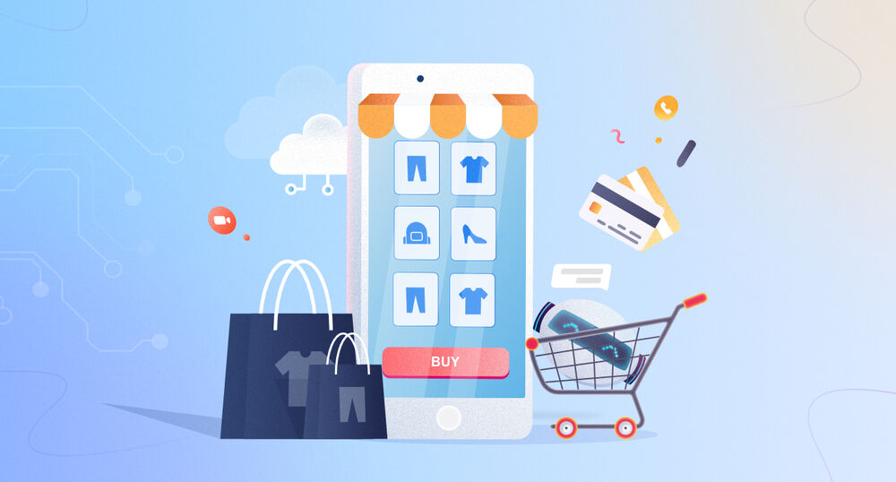 An image with shopping bags, a shopping trolley carrying a robot, and an ecommerce store shown on a smartphone screen to represent technological advancements in retail.