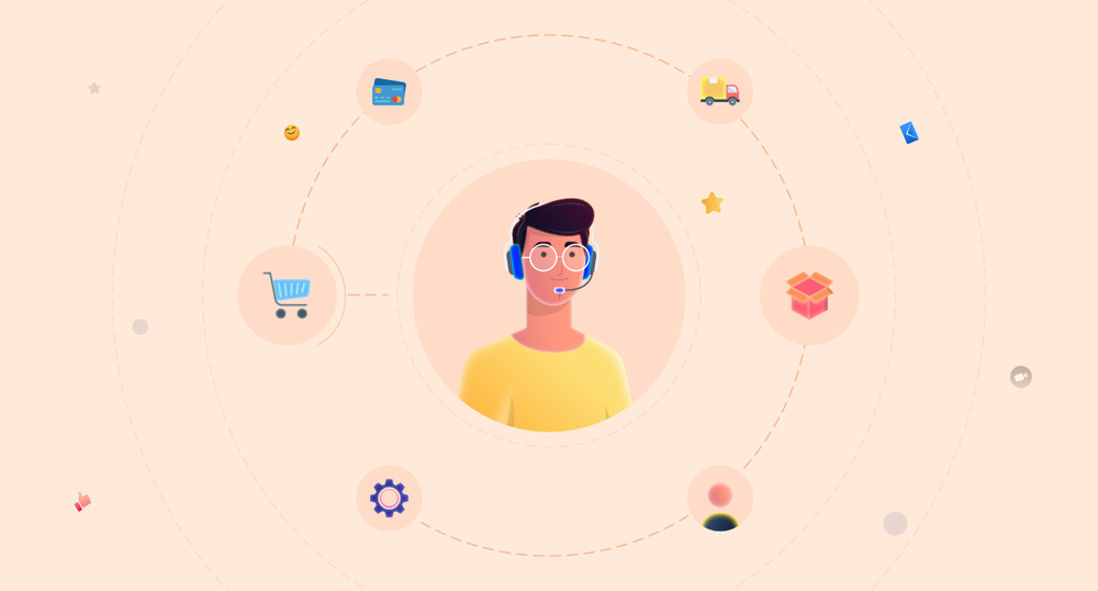 An image of a customer service team member wearing a headset with a customer service process illustrated with icons circling around their head.