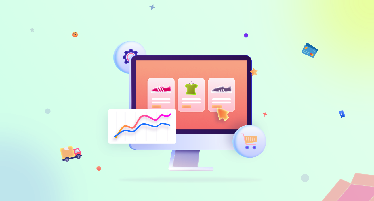 An image of a computer screen with various icons around it depicting the future of retail.