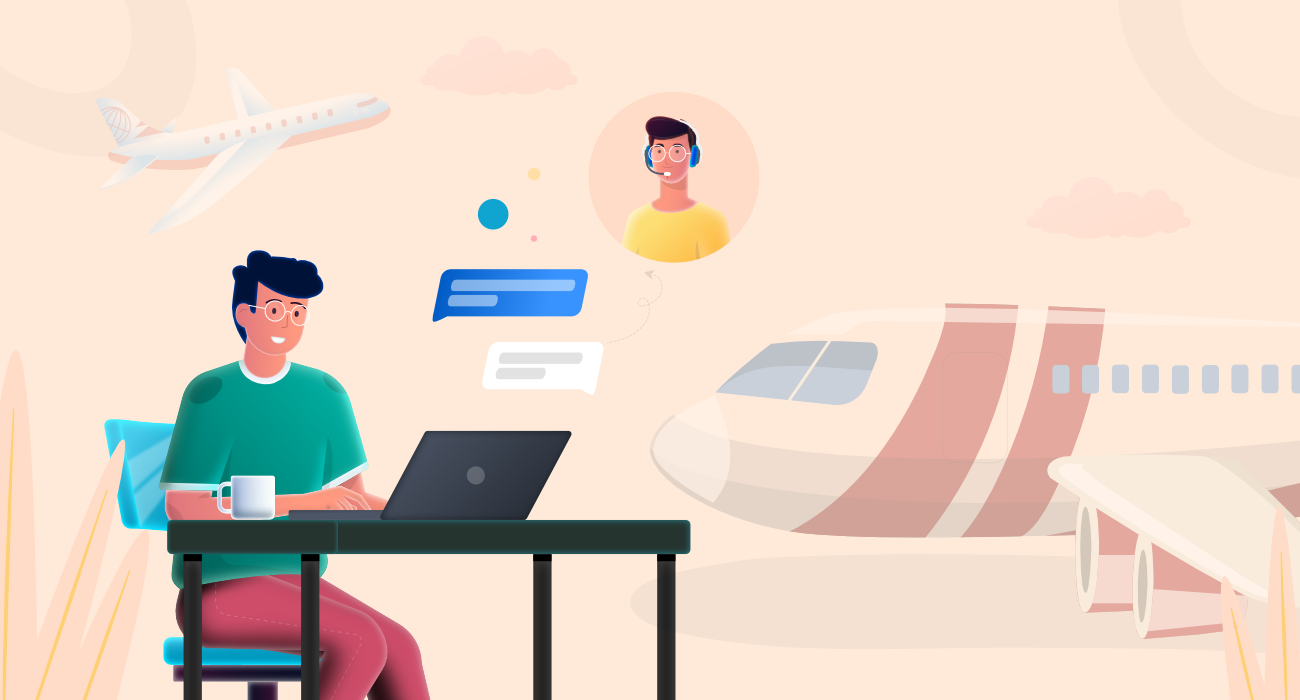 An image of a man sitting at a desk on a laptop with images of aircraft in the background to represent the future of customer service in the airline industry.