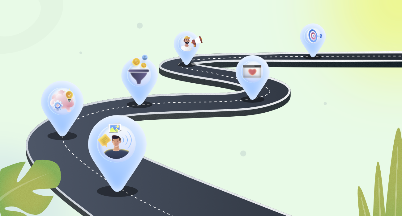 An image of a road with different icons representing the stages of the B2B customer journey.